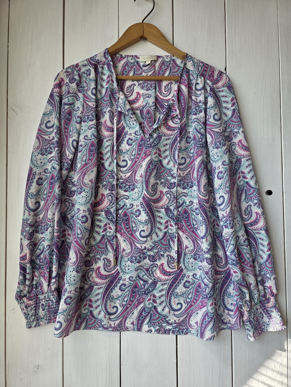 Laura Paisley Print Tie Front Blouse Purple Teal Womens Size 12